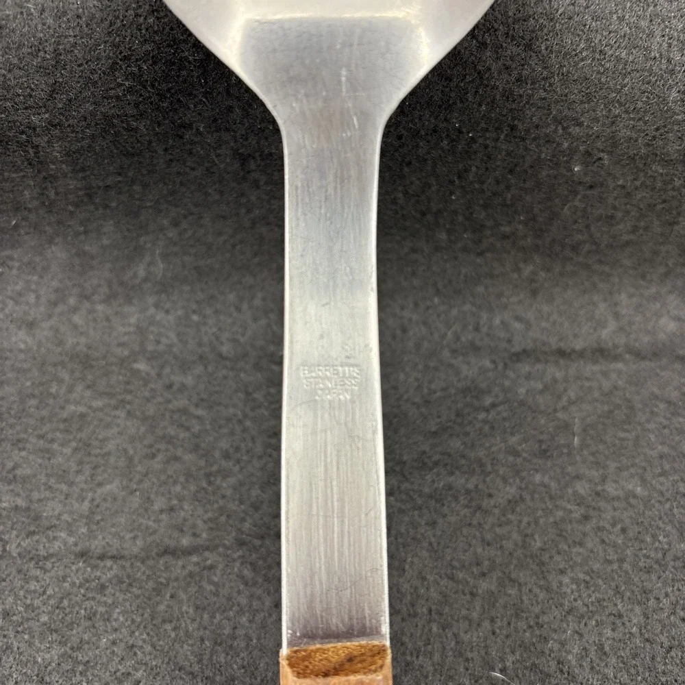 Vintage NO AD Barretts Japan Slotted Stainless Serving Spoon Wood Handle 10